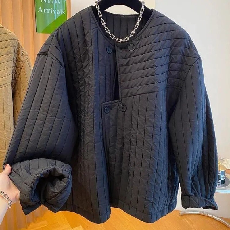 Korean Style Round Neck Quilted Lightweight Cotton Jacket for Women in Winter Loose Casual Asymmetrical Placket Warm Quilted Cotton Jacket