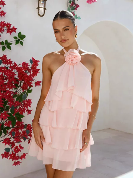 In-Stock Summer New European and American Style Women's Backless Halter Neck Dress with 3D Floral Decoration and Layered Ruffles Short Dress