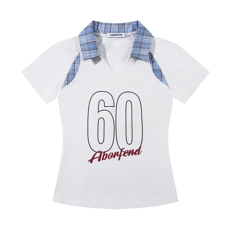 Bf.Borfend American Sexy Slim Top Jersey Lapel Plaid Stitching Sports Short-Sleeved T-Shirt for Women Summer Bf.Borfend American Sexy Slim Top Jersey Lapel Plaid Stitching Sports Short-Sleeved T-Shirt for Women Summer