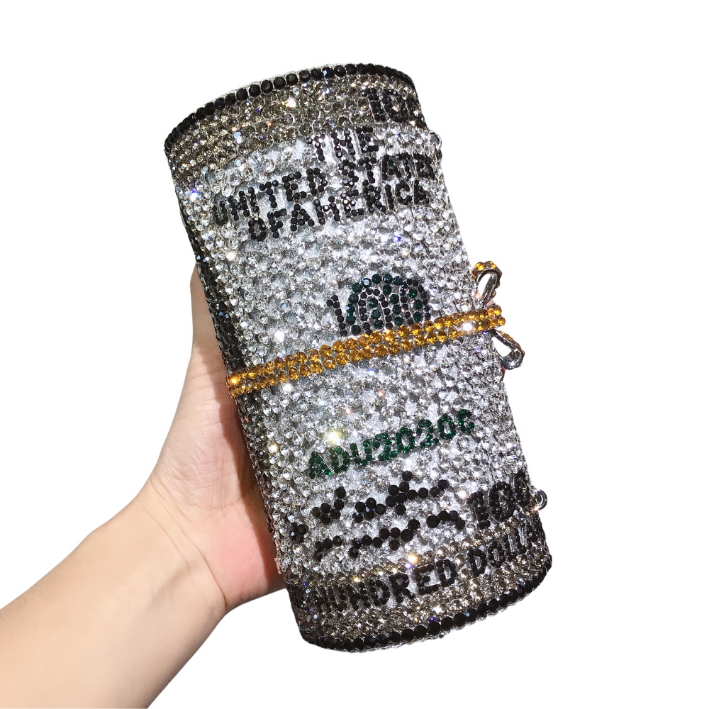 Nuevo rollo de bolsas de cristal de dólar bolsas de mano de banquete de diamantes cilíndricas bolsas de cena de metal
