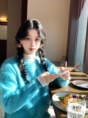 韩系宽松显白蓝色圆领软糯水貂毛毛衣冬温柔风别致套头慵懒上衣女