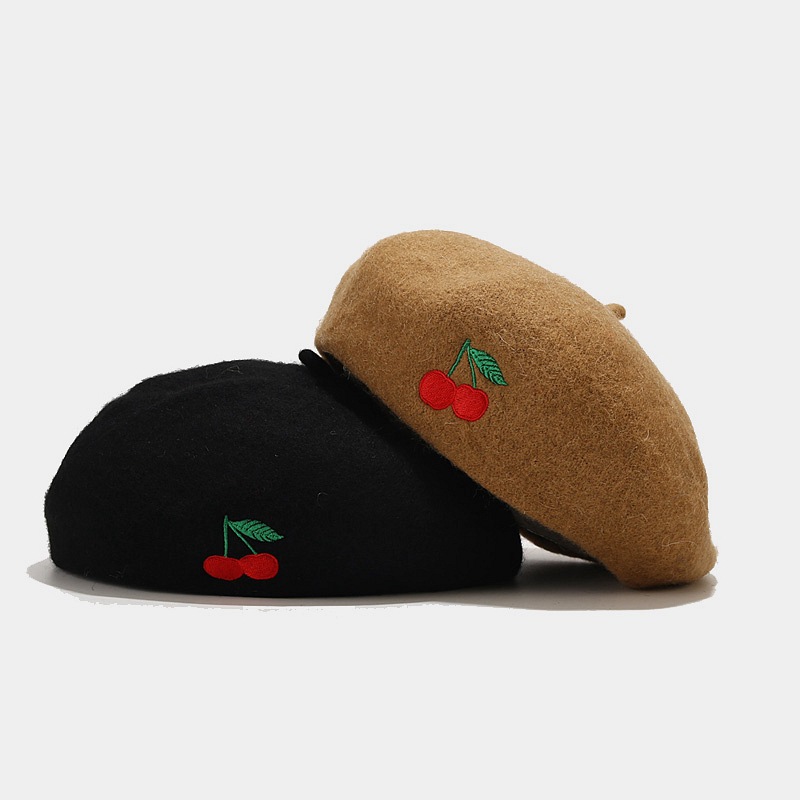 112g Weight Beret Hat Hats Type Daily Occasion Artificial Wool Material Cherry Pattern Autumn&Winter Season Women's Gender Embroidery Design Cute, Sweet Style Eaveless Rim Women's Cute Sweet Cherry Embroidery Eaveless Beret Hat 1