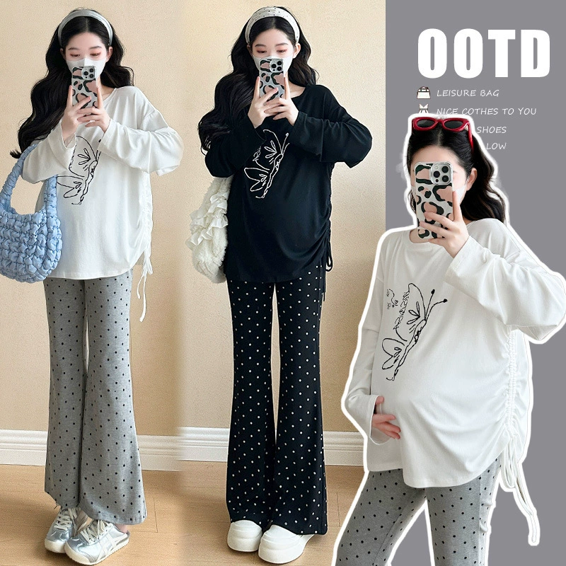 Весенняя одежда для беременных 2025 корейская мода иностранная весна новая эластичная футболка нижняя рубашка для беременных набор из двух частей