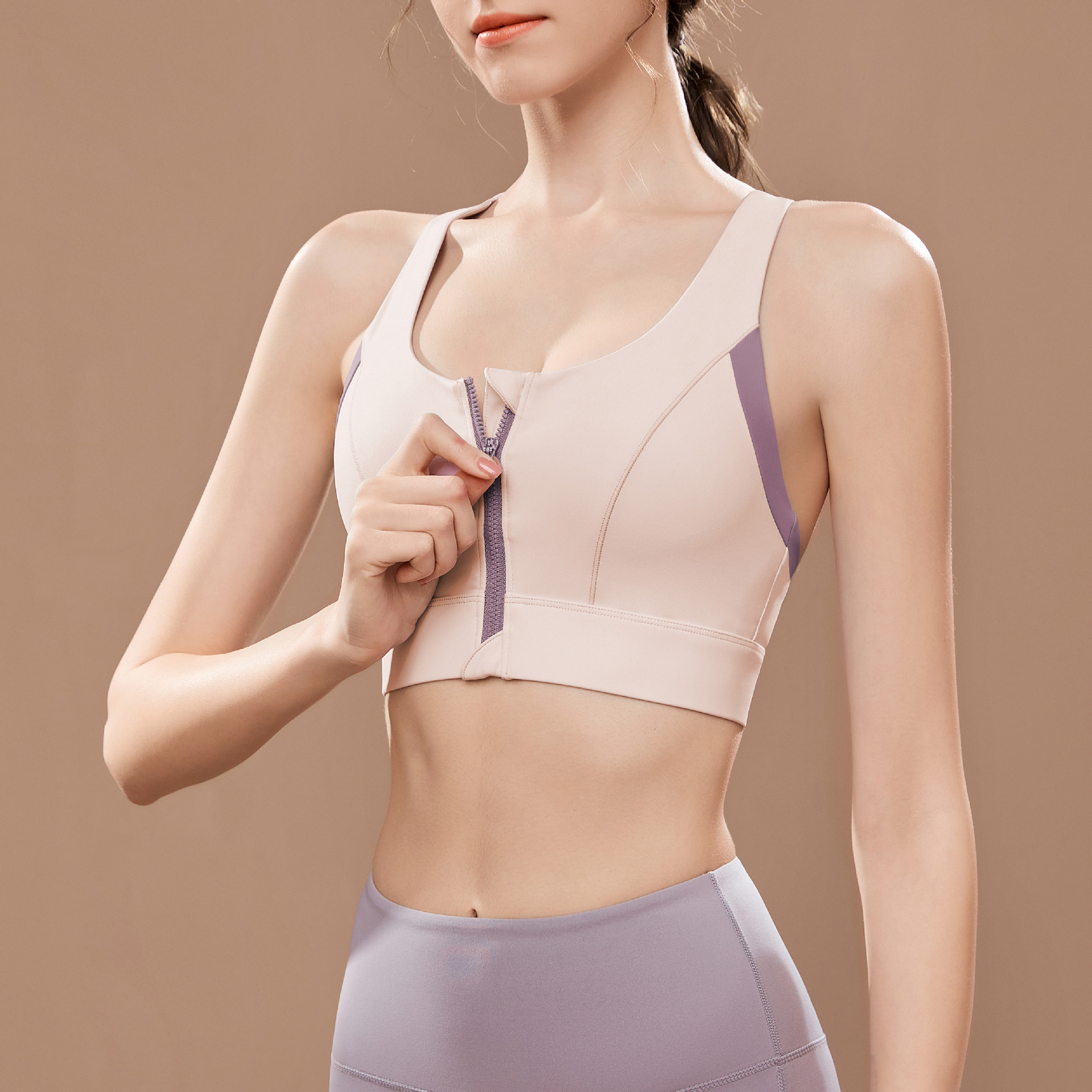 High-Strength Front Zipper Color-Blocked Sports Bra for Women, Easy to Put on and Take Off, Anti-Sagging, Shock-Proof Yoga Bra, Running Vest for Women