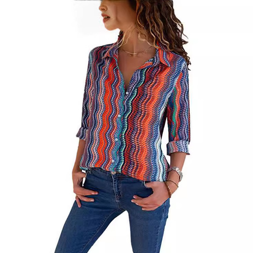 Fashionable slim striped printed shirt for women