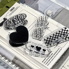 透明复古棋盘格pp夹黑爱心亚克力夹子手账便签燕尾夹票夹资料夹