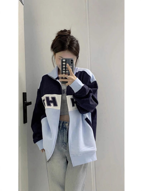 春秋薄款小众撞色oversize卫衣女小个子开衫拉链美式复古慵懒外套|undefined