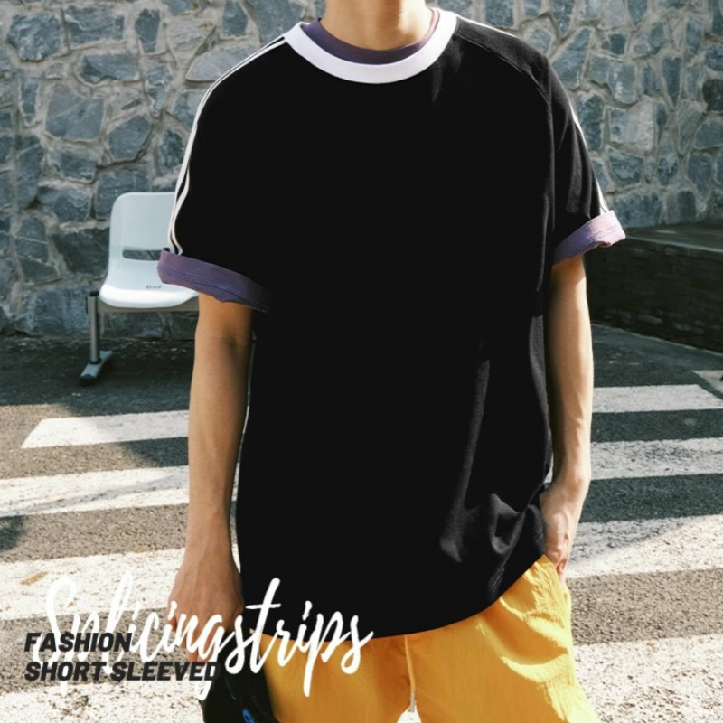 240G cotton t-shirt contrast color slash shoulder three bars short sleeve t-shirt loose crew neck work clothes printing wholesale customization