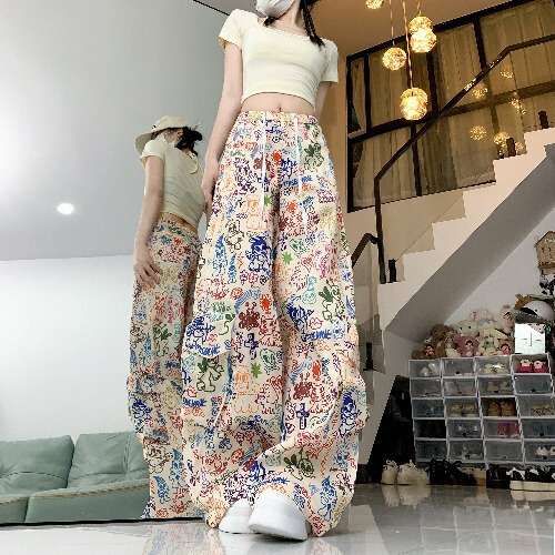 Retro Cartoon Graffiti Work Casual Pants Women's 2025 New Printed Wide Leg Pants Loose Slim Straight-Leg Floor-Mopping Pants