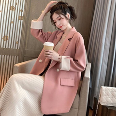 韩版网红炸街粉色小西装外套女双排扣宽松休闲西服春秋季新款