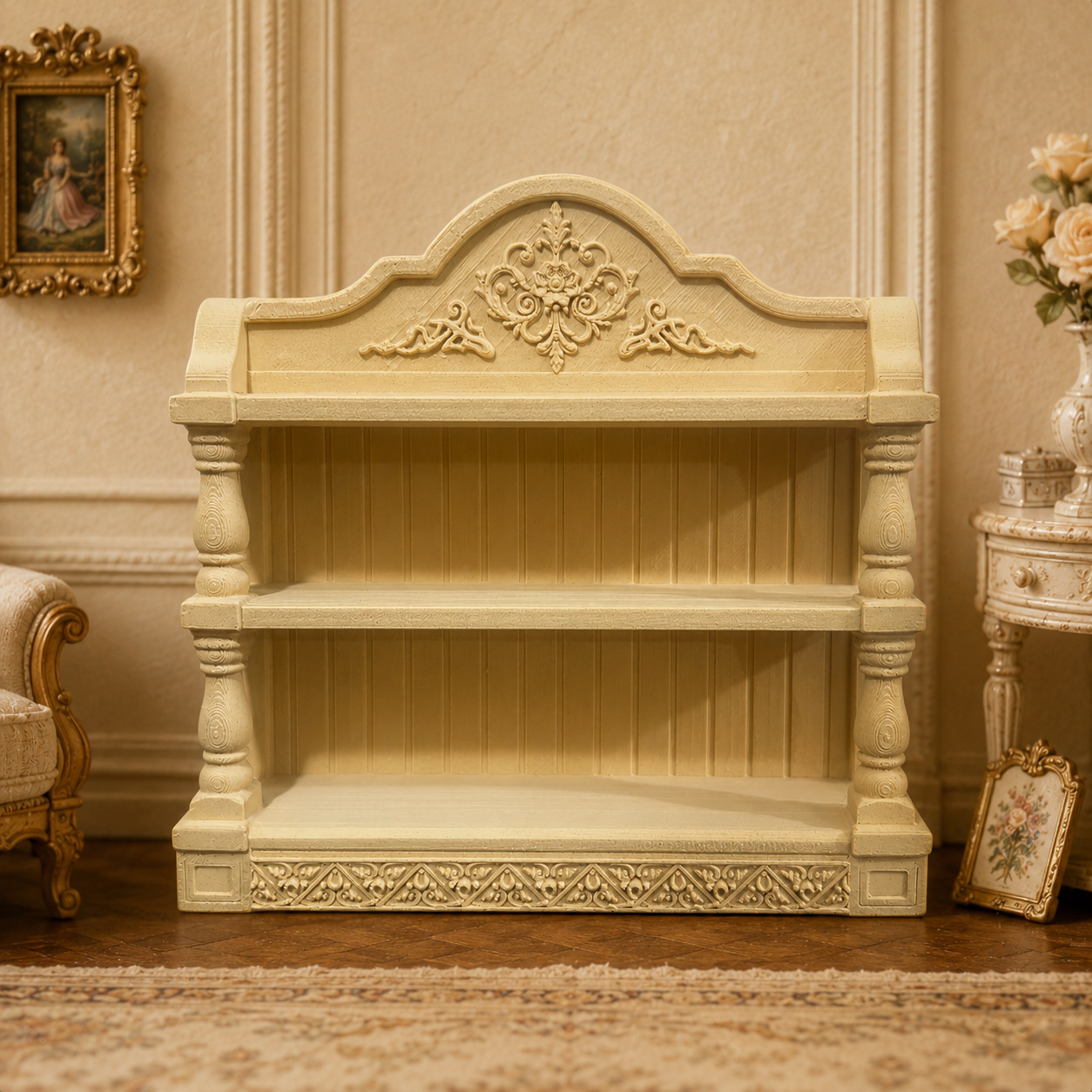Miniature European-style bookshelf dollhouse furniture, miniature model, realistic ornament, 1:12 scale decoration