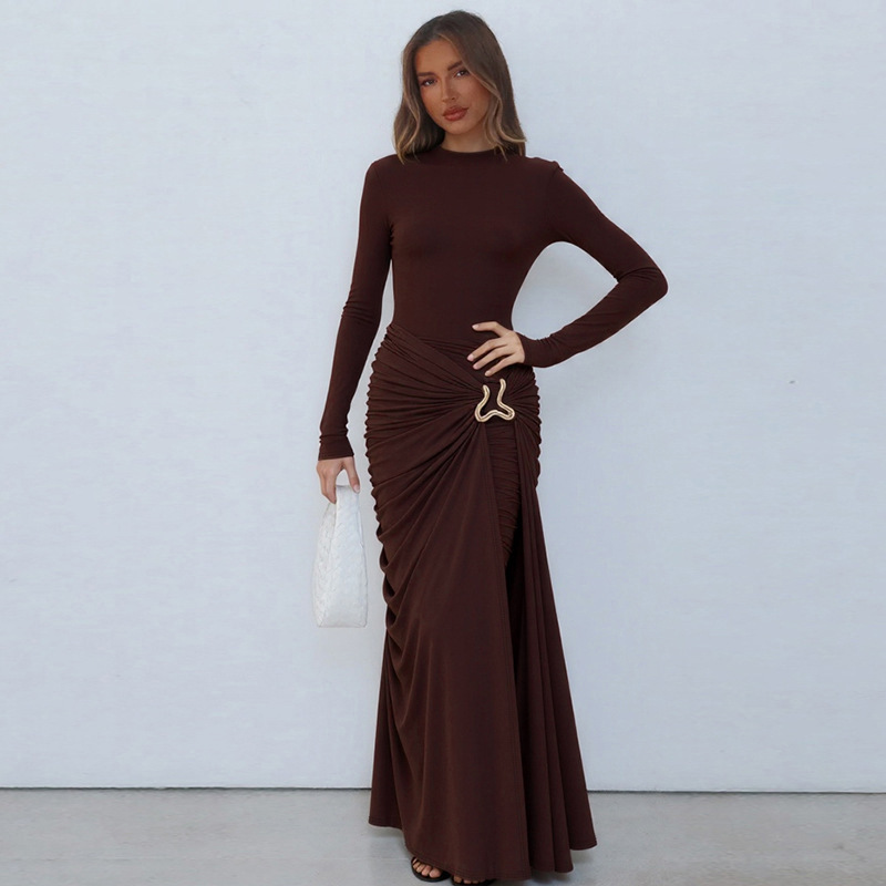 Women's Solid Color round Neck Dress Long Sleeve Fashionable Temperament European American Style Autumn New Clothing with Decorative Ring Buckle_ecoleips.com