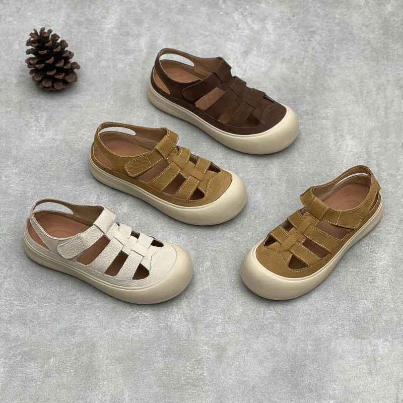 Artistic Handmade Genuine Leather Women's Shoes Stomp Feeling Baotou Sandals Women's Summer Outer Wear Hollow Breathable Soft Cowhide Skate Shoes