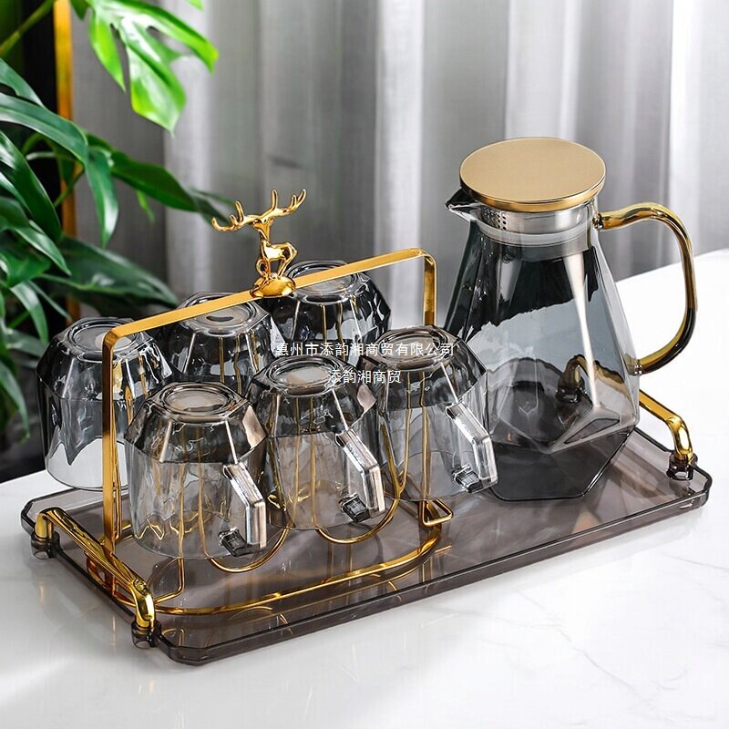 High-Temperature Resistant Complete Set of Cold Glass Living Room Kettle Set for Home Use, Including Cup Holder with Cups, Water Cups, and Tea Tray