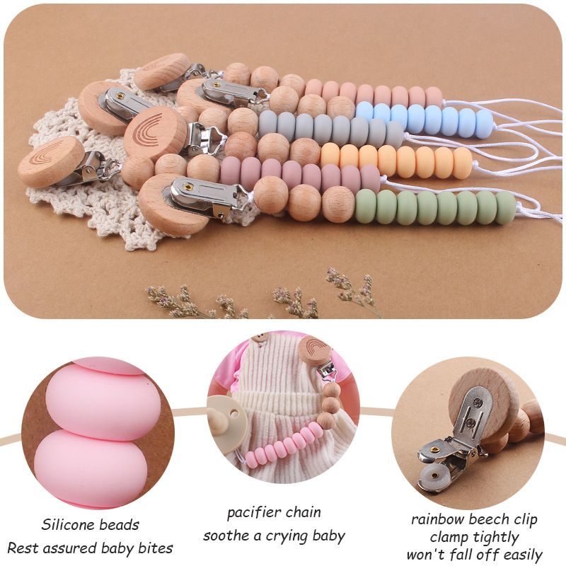 Nuevo bebé arco iris haya clip creativo bebé silicona Cuentas planas espaciador perlas mordedura cadena pezón cadena anti-caída Nuevo