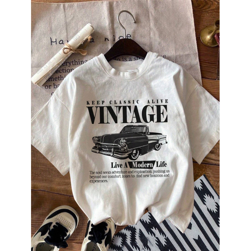 Cross-border Amazon Hot Sale Women's Casual Retro Car Printed White Loose Pullover Short Sleeve T-Shirt New