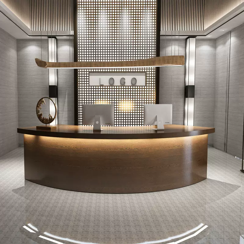 半圆实木纹接待咨询台酒店会所大气咖啡吧台收银台弧形柜台接待台