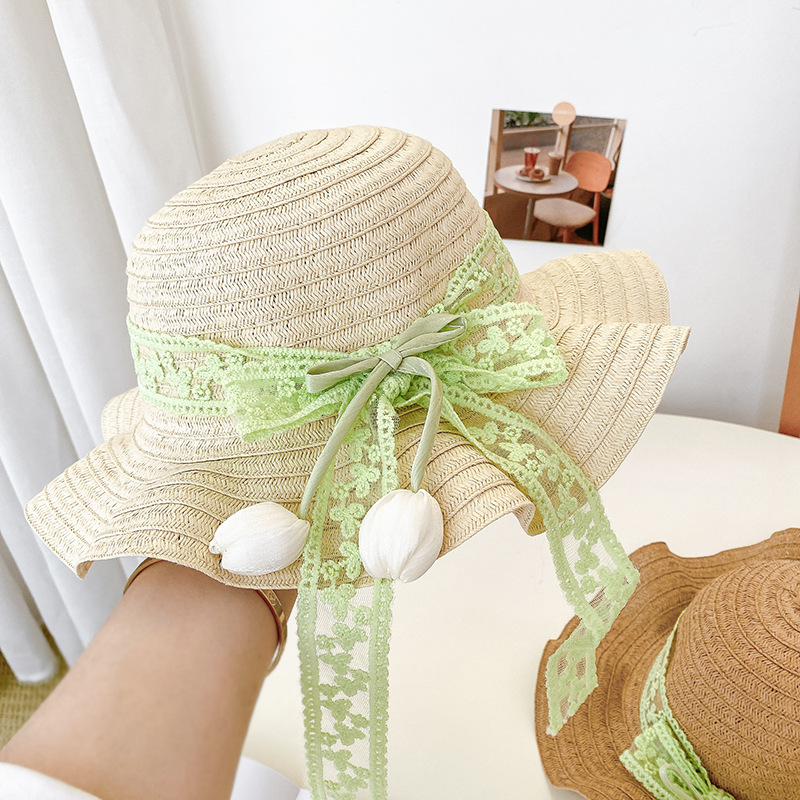 Nicho popular estilo coreano tulipán arco de papilla para niñas sombrero de paja paquete de bolsas pequeñas frescas dulces gorras de protección solar