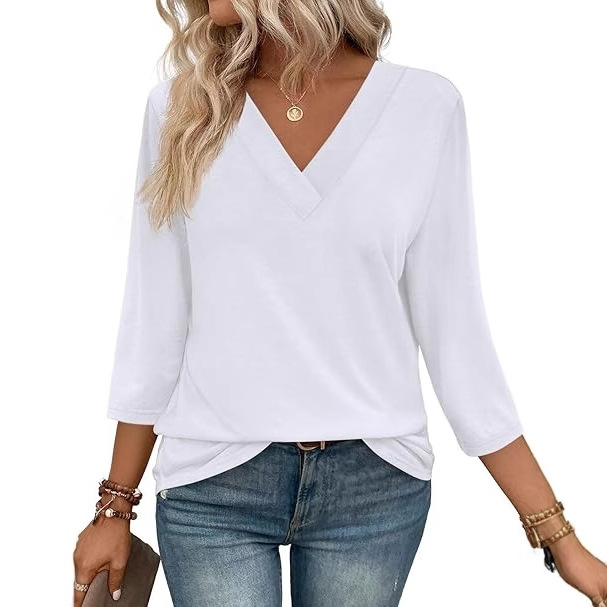 亚马逊女士V领7分袖上衣2025春季新款外贸休闲女装束腰针织T恤