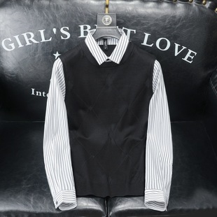 European 2024 Fall/Winter New Fake Two-Piece Stitching Sweater Shirt plus size Striped Slim-Fit Business Casual Base Shirt