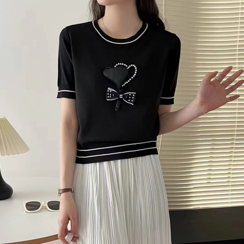 泫雅圆领立体爱心钉珠短袖针织衫女跨境风夏季新款修身显瘦短款衫|undefined
