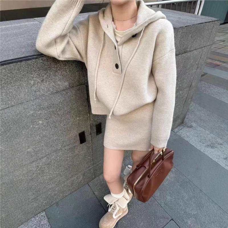 Cashmere 2024 New American Style Simple Hooded Sweater suit Lazy Style Loose Sweater Overskirt Two-piece Set Cashmere 2024 New American Style Simple Hooded Sweater suit Lazy Style Loose Sweater Overskirt Two-piece Set