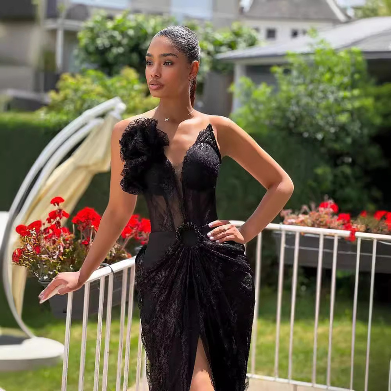 Cross-border independent station new Sexy low-cut waist black lace dress fashion dark party dinner dress