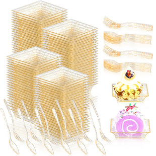 Amazon in stock Disposable Gold Dessert Plate Spoon Square Transparent Appetizer Ice Cream Plastic Plate