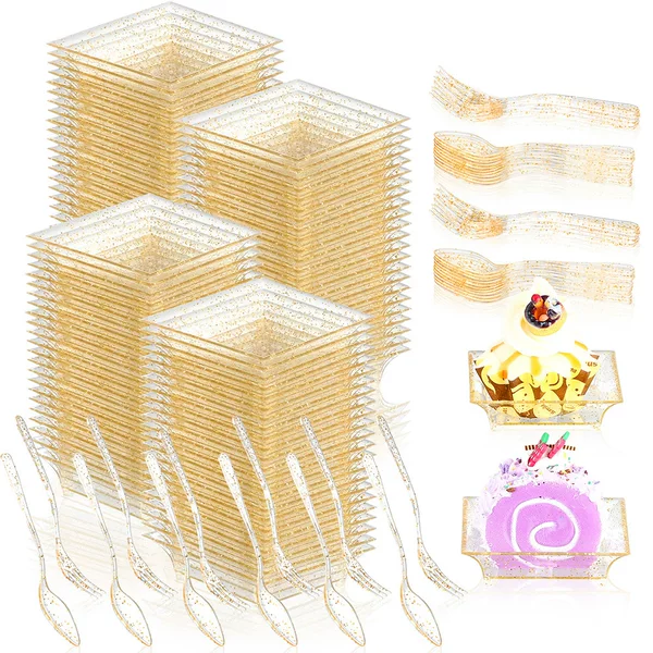 Amazon in stock Disposable Gold Dessert Plate Spoon Square Transparent Appetizer Ice Cream Plastic Plate