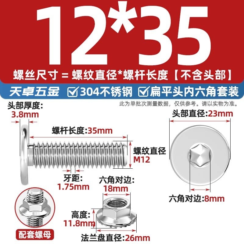 304不锈钢CM大平头超薄头C头扁平头内六角螺丝钉法兰边螺母套装M5|undefined
