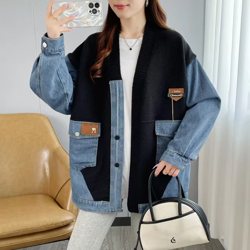 Denim stitching knitted cardigan 2024 autumn and winter new loose casual fashion Joker lazy wind sweater coat women Denim stitching knitted cardigan 2024 autumn and winter new loose casual fashion Joker lazy wind sweater coat women