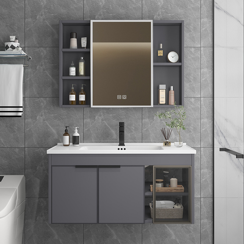 Modern Simple Ceramic All-in-One Basin Space Aluminum Bathroom Cabinet Combination Wash Basin Wash Table Smart Mirror Cabinet Bathroom Cabinet