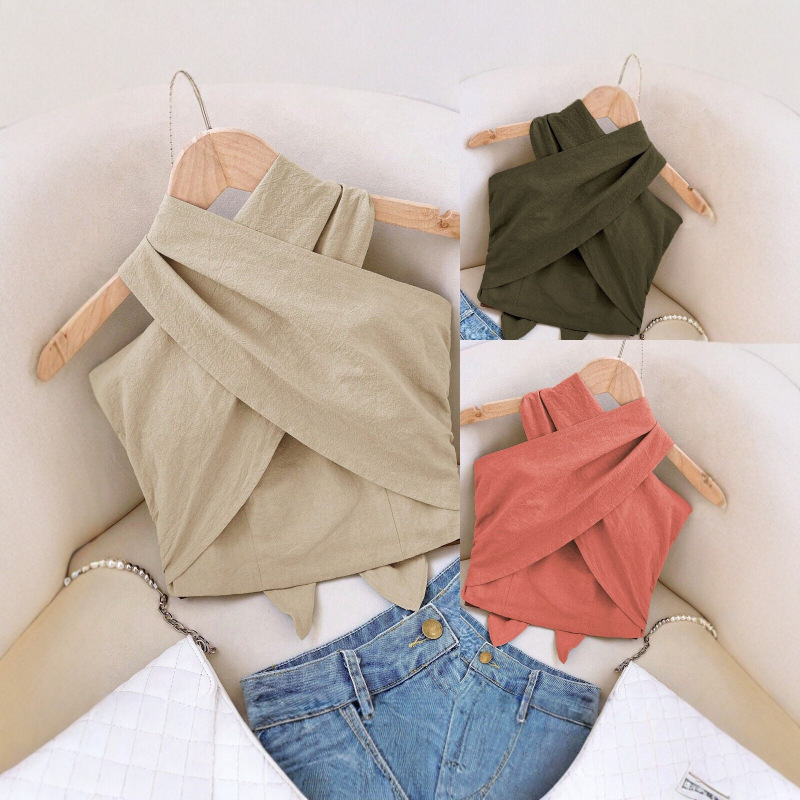 Women's Cross-Halter Neck Crop Top, Slim Fit, Suitable for Vacation and Everyday Casual Wear, Summer Stylish Outfit