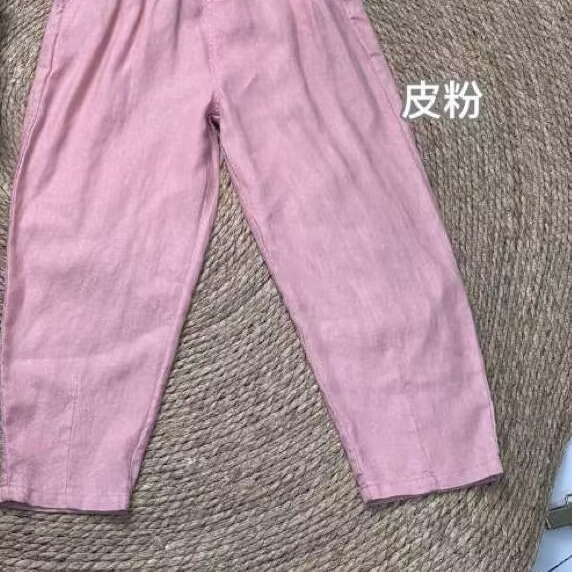 Summer linen women's elastic waist straight eight-point pants pocket commuter slim casual solid color harem pants 1822