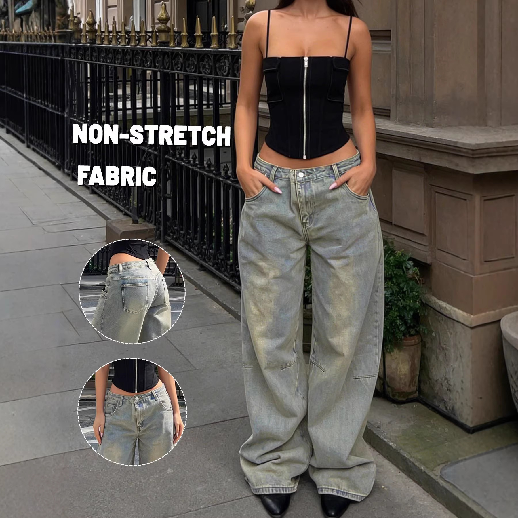 Women's Clothing Vintage Washed Wide Leg Jeans, Distressed Street Style, Loose Straight Leg Denim Jeans For Women, Commuting, Wide Leg Trousers_ecoleips.com