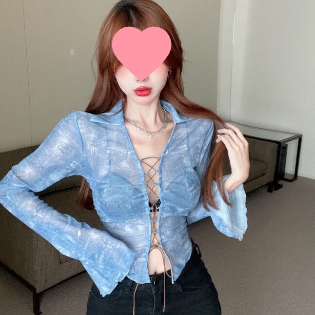 Autumn New Sexy Mesh Lace-Up Long-Sleeved Shirt for Women American Sexy Retro Style Chic Short Slimming Look Top Autumn New Sexy Mesh Lace-Up Long-Sleeved Shirt for Women American Sexy Retro Style Chic Short Slimming Look Top