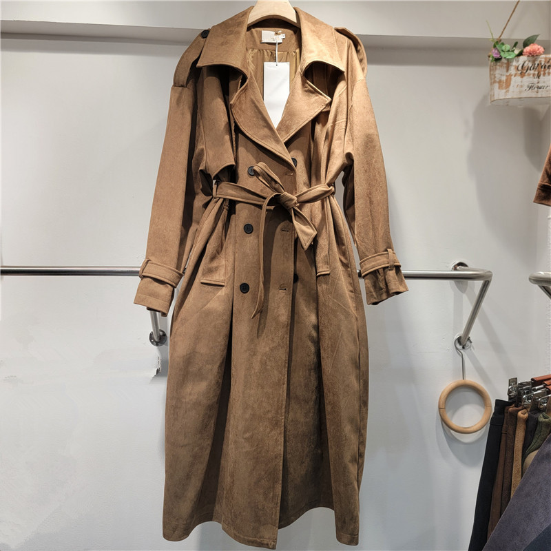 High-End Maillard Imitation Suede Windbreaker for Women 2025 Autumn Mid-Length Loose Retro Double-Breasted Lapel Jacket