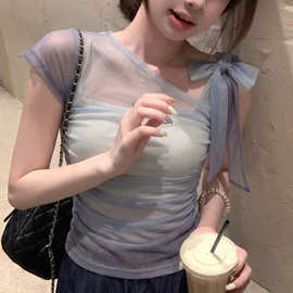 定位印网纱夏季新款紫色巨好看短袖T恤女露肩设计感收腰气质上衣