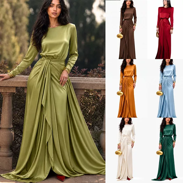 INS Cross-Border 2026 Loose Satin Long-Sleeve Tie Dress European and American Women's Two-Piece Set New Autumn/Winter Party Outfit