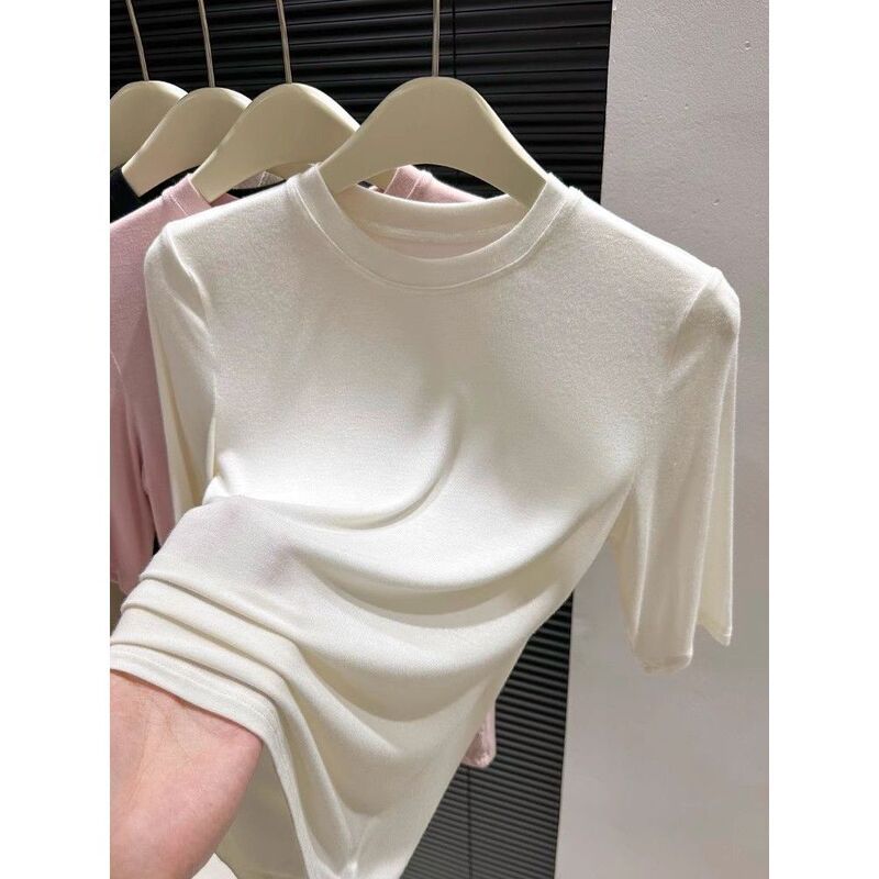 Modal Cotton Short-Sleeved Thin Mask T-Shirt Women's New Summer Skin Clothing Pink Threaded Mid-Sleeve Top Trendy Modal Cotton Short-Sleeved Thin Mask T-Shirt Women's New Summer Skin Clothing Pink Threaded Mid-Sleeve Top Trendy