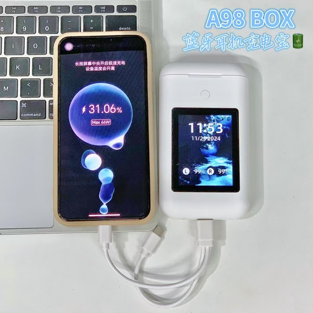 Dispositivo inteligente A98 BOX auriculares Bluetooth cargador tesoro de pantalla multimedia de 2.8 pulgadas fuente de alimentación 3 en 1