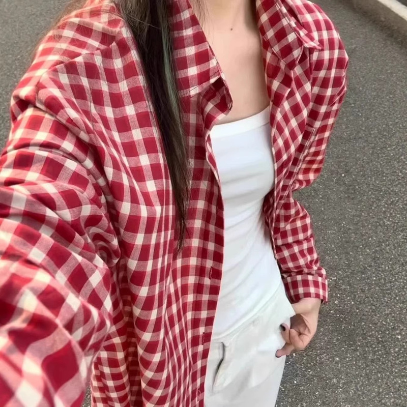 Korean Retro Red Plaid Long-Sleeved Shirt for Women, Early Spring Outerwear Shirt, Lazy Style Sun Protection Summer Top