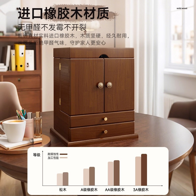 实木防尘化妆品收纳盒桌面家用大容量抽屉式梳妆台整理置物架带镜|undefined