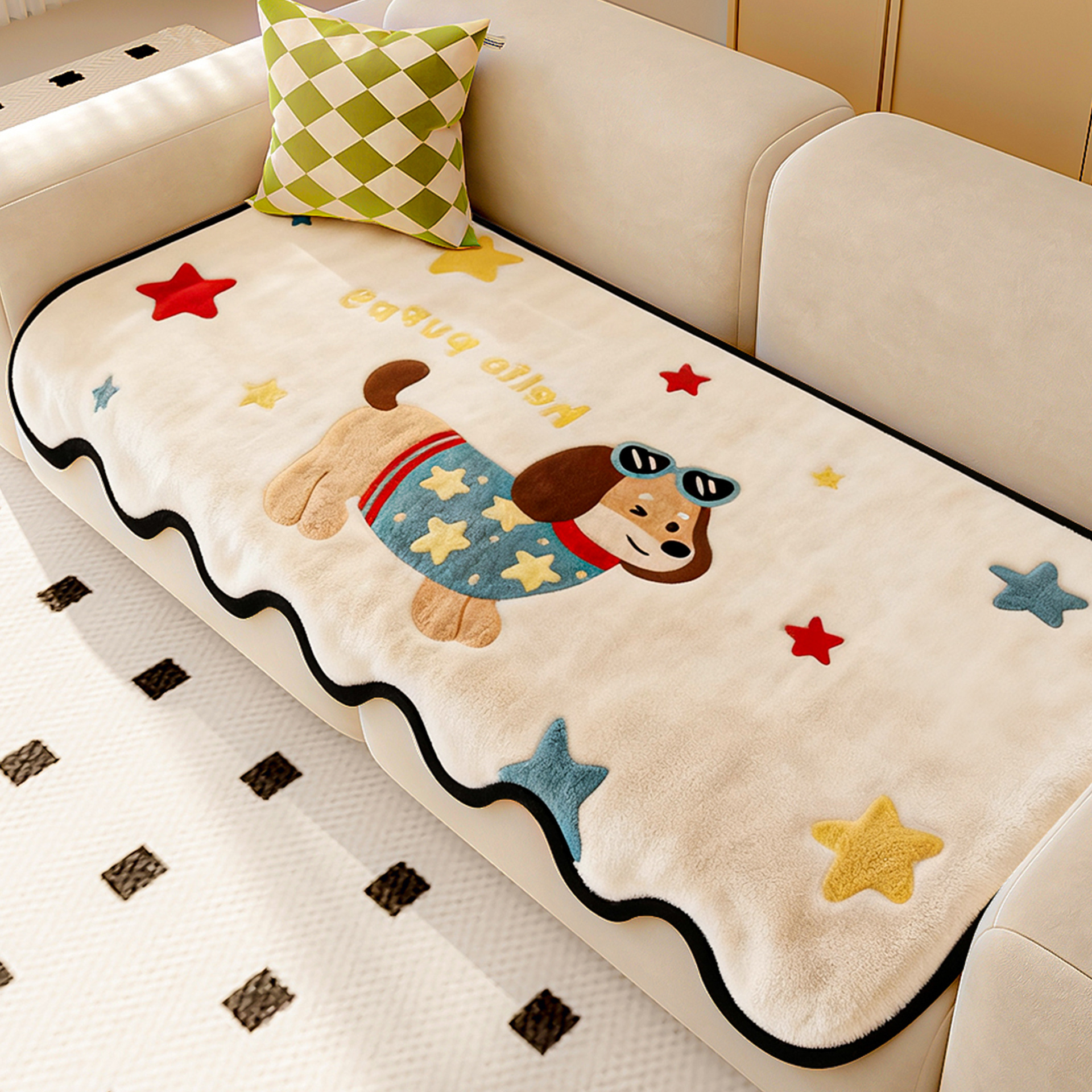 Cojín de sofá de peluche de forma especial invierno 2025 nuevo estilo americano patch viento engrosado cojín de sofá de piel alfombra de tela antideslizante