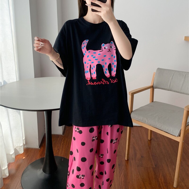 Short-Sleeved Pajamas for Women Summer Thin Pure Cotton Cute Cat Home Clothes Plus Size Fat mm 100kg Polka Dot Pants Suit