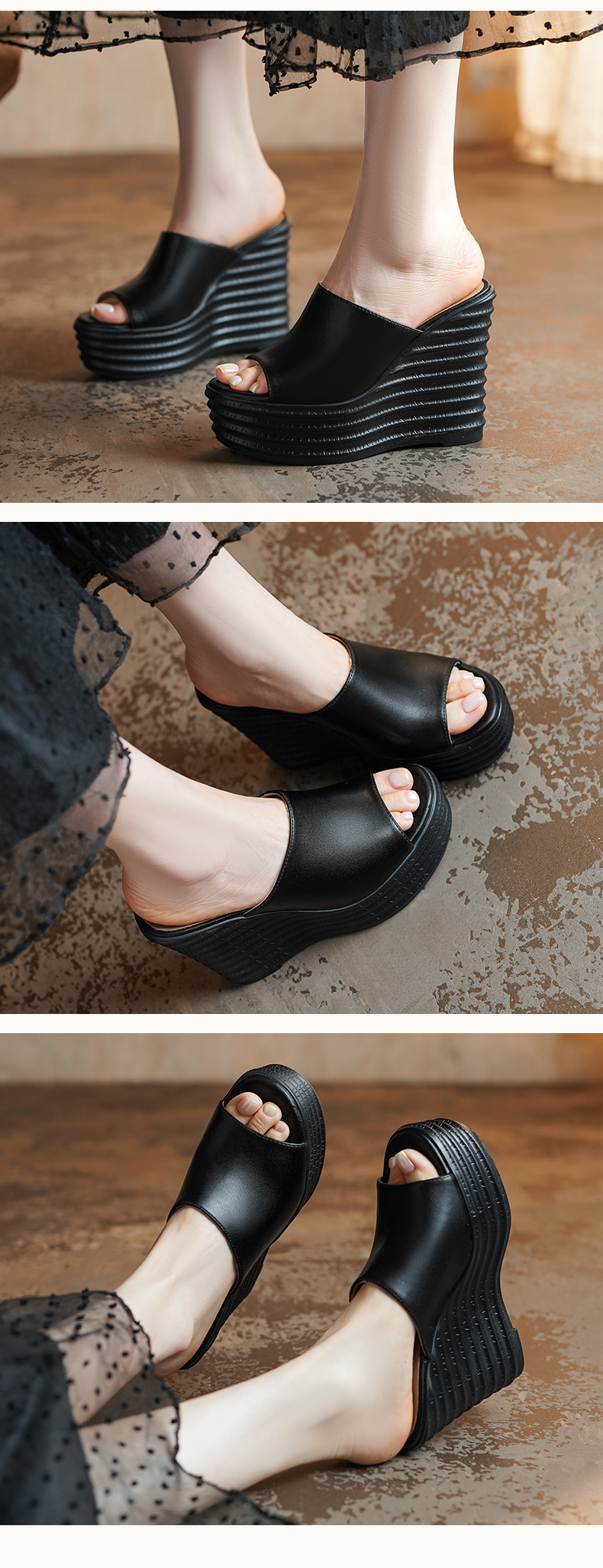 Sandal cao gót nữ hở mũi đế xuồng dày, gót 9 cm — màu đen, màu trắng ngà chi tiết 4
