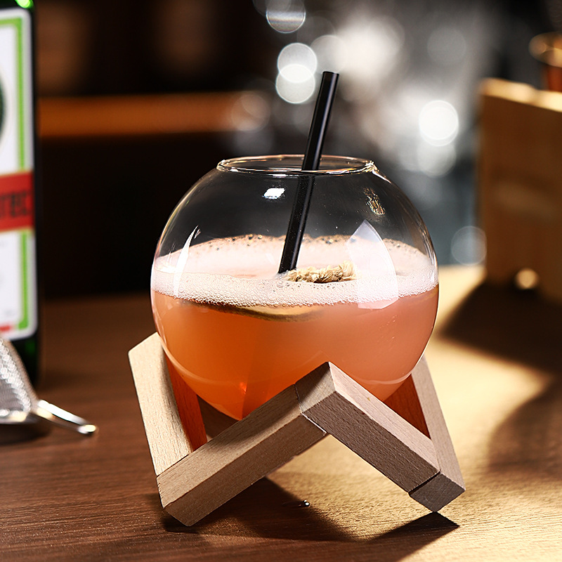 Taza de bolas creativa con marco de madera, taza de vidrio, bebida personalizada, copa de jugo, copa de cóctel, vino, copa de hockey sobre hielo