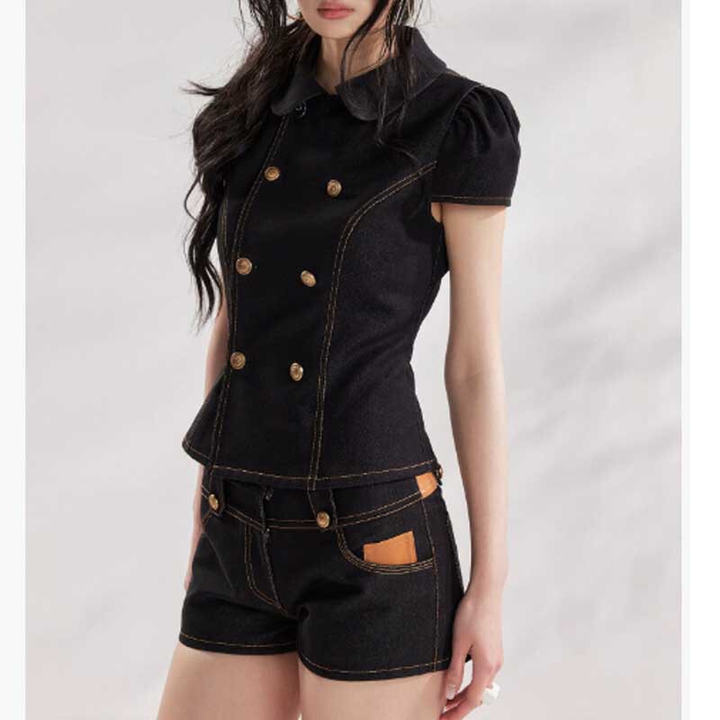 2026 Summer Black Double-Breasted Doll Collar Short-Sleeved Denim Top and Shorts Set for Women, Summer Elegant Two-Piece Set
