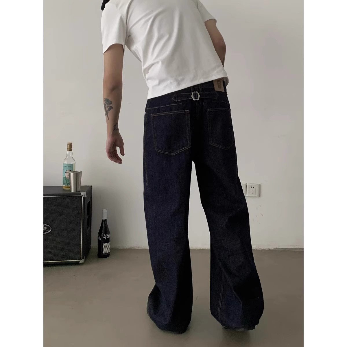 美式复古原色巴黎扣直筒牛仔裤男cleanfit水洗宽松阔腿拖地长裤子