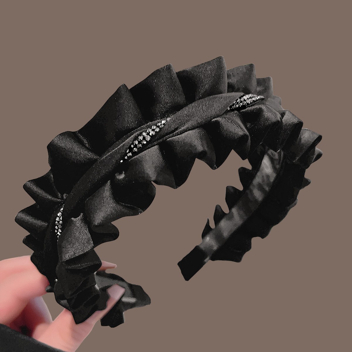 Black satin pleated lace beaded headband